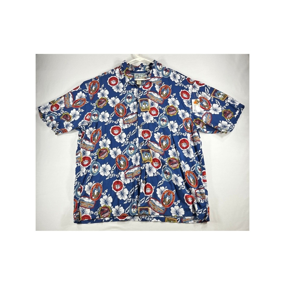 Big Dogs Mens XL Hawaiian Shirt Navy Blue Rayon Big Kahuna Hotel Tropical Floral